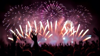 A silhouette of a crowd at a concert with fireworks in the background. The crowd is raising their hands in excitement, and the fireworks display is a vibrant mix of pink and purple hues.