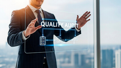 A businessman performing a quality audit in a modern office with a city view