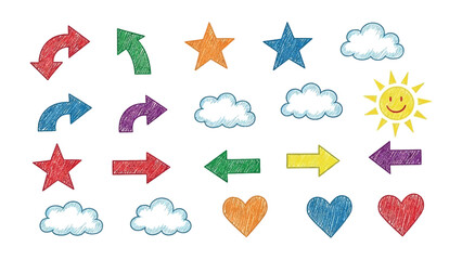 Obraz premium Playful Icons Collection: A vibrant assortment of hand-drawn icons, including arrows, stars, clouds, and hearts, invites creativity and adds a touch of whimsy to any project. 