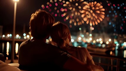 couple watching fireworks at night with city lights in the backgroundwoman with blonde hair tied back in a ponytail, standing against a backdrop of city lights and a vibrant display of fireworks.