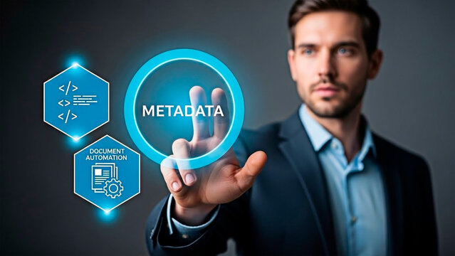 A businessman interacting with metadata for document automation - Powered by Adobe