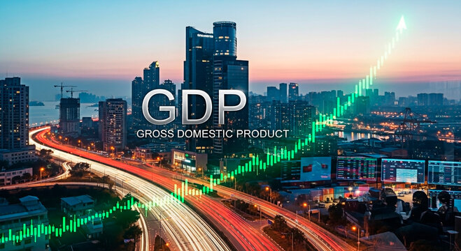 A cityscape with a growing GDP graph at sunset for the concept of economic growth and development