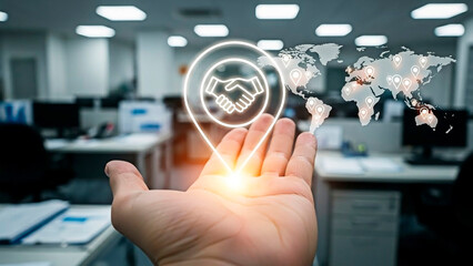 A hand holding a glowing handshake icon for global business partnership
