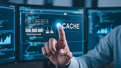 A person interacting with a digital cache interface for computer optimization