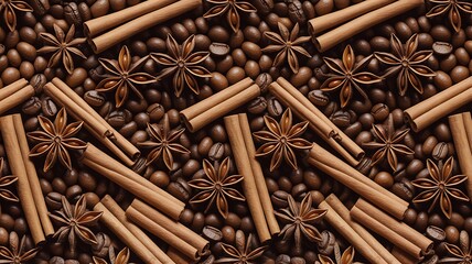 Aromatic Coffee Beans with Cinnamon Sticks and Star Anise Seamless Pattern.