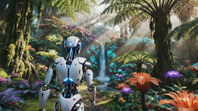 Futuristic robot explores vibrant alien jungle with bioluminescent flora and fauna