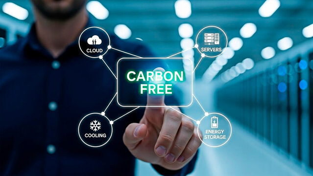 A man interacting with a carbon free technology interface in a server room for the concept of sustainable energy solutions. - Powered by Adobe