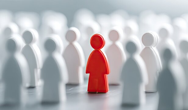Close-up of diverse miniature figures. One vibrant red figure stands out among white forms