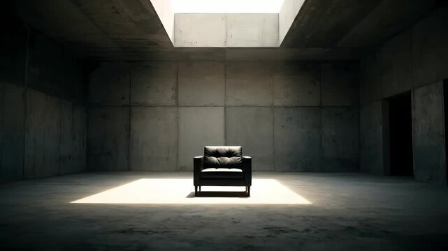 Black armchair slowly zooms in a minimalist concrete room with dramatic overhead lighting. Perfect for psychological concepts, introspection, interview backgrounds, stark architecture,