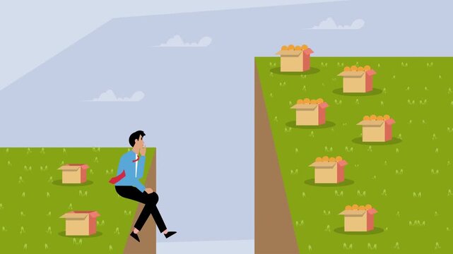 Businessman Contemplating Opportunity Gap: Business Challenge or Strategy Decision cartoon animation