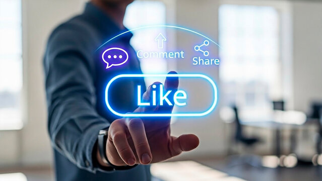 A man interacting with social media icons in a modern office space - Powered by Adobe