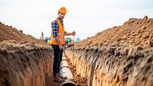 A construction worker inspecting a pipeline in a trench on a building site
