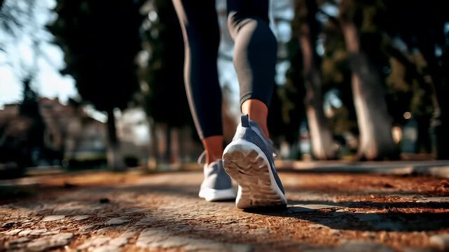A closeup shot of a persons legs and feet in athletic shoes, walking on a paved path. The person is wearing dark blue leggings and light blue sneakers. The background is blurred.