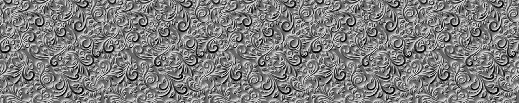 Silver grey floral ornament texture with embossed vintage relief pattern