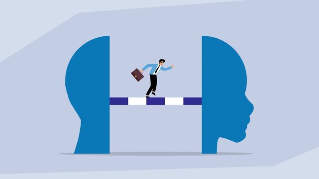 Overcoming Mental Barriers: Businessman Leaping Hurdle Inside a Head Silhouette cartoon animation