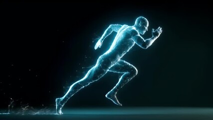 A highresolution digital artwork of a human figure in a dynamic pose, rendered in a neon blue hue against a dark background. The figure is depicted in a side profile.