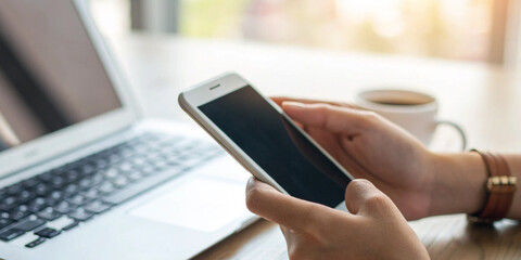 Hand holding a smartphone beside a laptop in a workspace with the concept of online communication