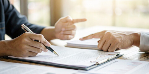 Two people hands on a desk with the concept of signing a business contract and discussing a business agreement