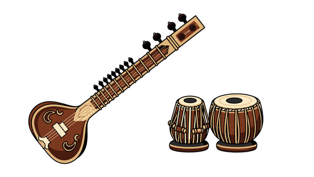 Traditional Indian musical instruments Sitar and Tabla set.