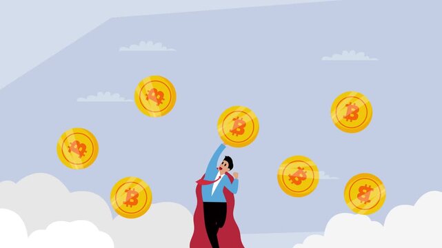 Cryptocurrency Market Growth and Success, Superhero Investor Reaching for Bitcoin on Upward Chart cartoon animation