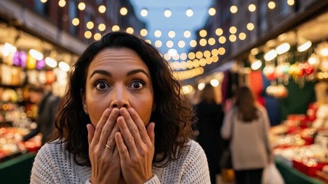 Surprised woman in vibrant outdoor market with string lights at dusk