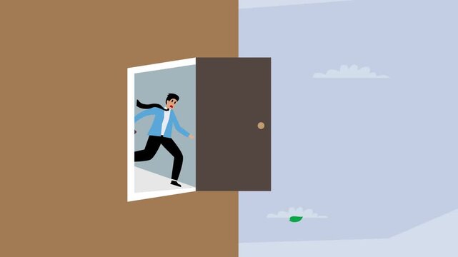 New Opportunity and Escape: Businessman Running Through an Open Door cartoon animation