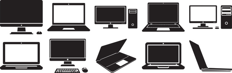 Fototapeta premium Collection of various computer devices including desktop pcs and laptops in silhouette form Vector
