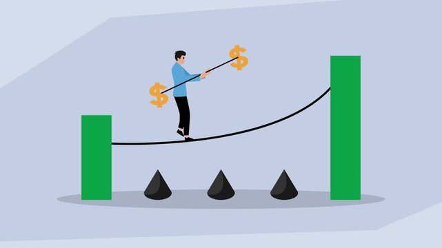 Financial Risk and Balance: Tightrope Walk for Profit cartoon animation