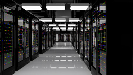 Servers. Servers room data center. Backup, mining, hosting, mainframe, farm and computer rack with storage information. 3d rendering