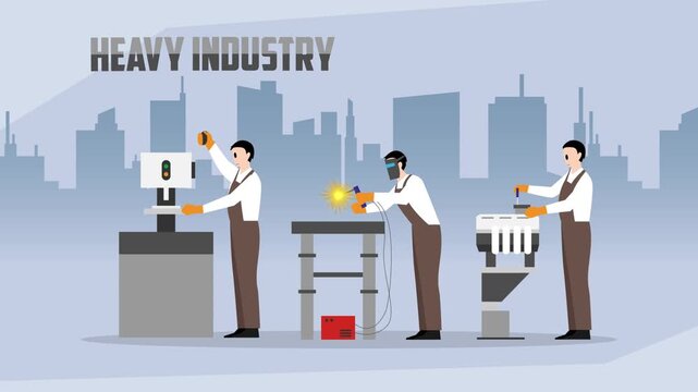 Heavy Industry Manufacturing Workers Operating Machinery and Welding in Factory cartoon animation