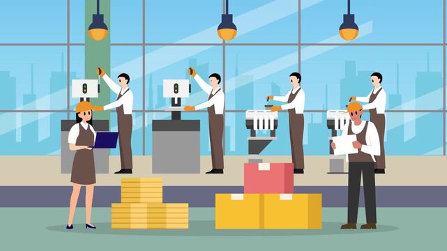 Male and Female Workers Managing Production and Quality Control in Modern Factory cartoon animation