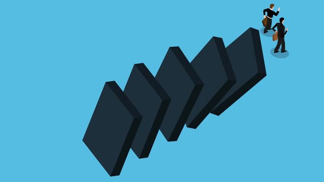 Robot Hand Pushing Dominoes, Forcing Businessmen to Run from Automation 3d animation cartoon