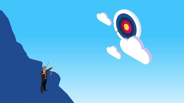 Businessman Archer Aiming at Floating Target from Cliff 3d animation cartoon