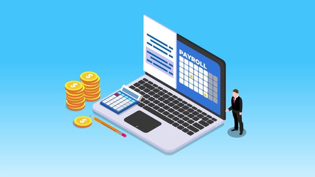 Business Man Reviewing Salary and Payroll on Laptop 3d animation cartoon