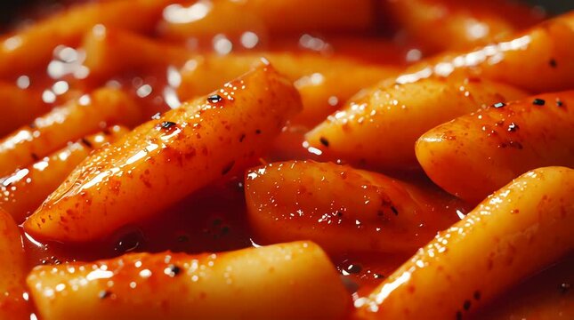 Spicy Tteokbokki - A Close-Up View of Korean Rice Cakes.