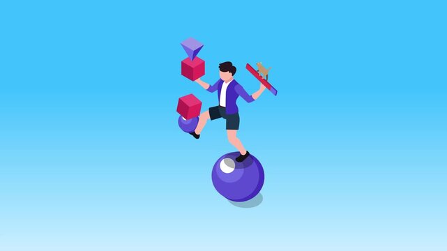 Man Juggling and Balancing Complex Objects on Exercise Ball 3d animation cartoon