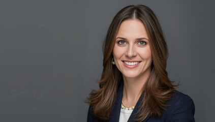 Professional woman smiling in formal attire against a gray background