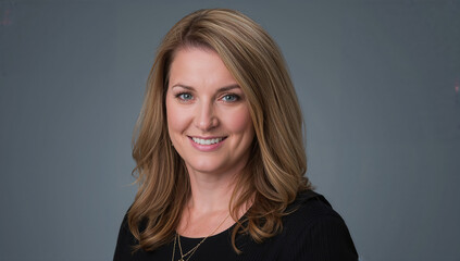 Portrait of a smiling woman with blonde hair and black attire against a gray background
