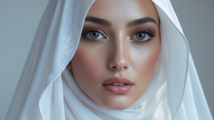 Portrait of a woman wearing a white hijab with soft makeup and a serene expression, close-up view
