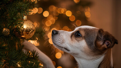 Curious dog looking at a golden Christmas ornament on a decorated tree with warm festive lights in the background