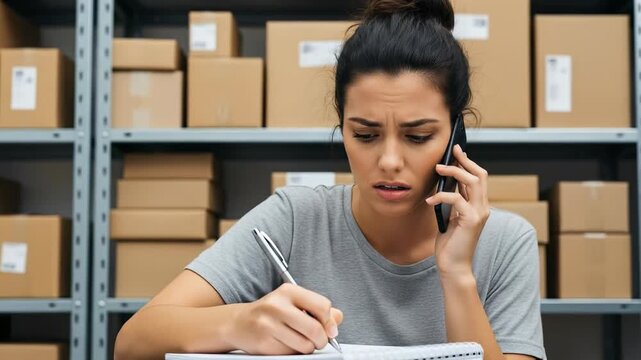 Warehouse worker on customer call resolving inventory issue with determined expression