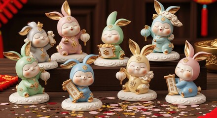 Adorable rabbit figurines celebrating Lunar New Year with festive decorations
