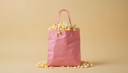 A pink shopping bag, overflowing with pop corn, on a plain beige background.