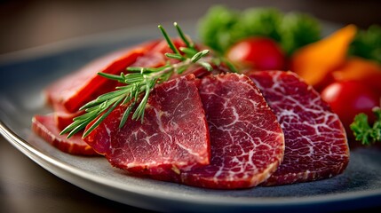 Fototapeta premium A plate of meat with a bunch of herbs on top