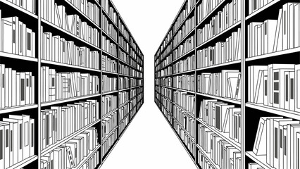 Infinite library bookshelves perspective line art illustration. © Hafiz