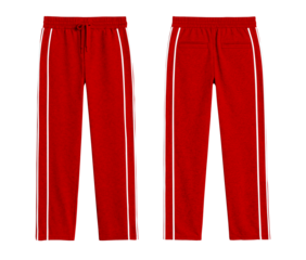 Blank Vibrant Red Athletic Track Pants with White Side Stripes, Front and Back Isolated on Transparent Background