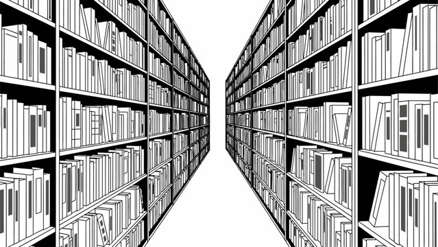 Infinite library bookshelves perspective line art illustration.