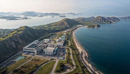 Aerial view of a vast, modern desalination plant nestled between green hills and coastal waters — clean architecture, pipelines to sea, soft sky. Harmonizing tech with nature for sustainable.