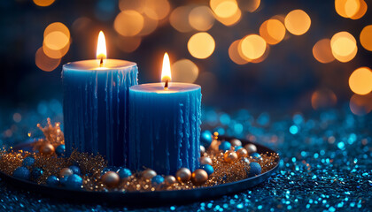 blue candles on golden plate with gold confetti. Warm light from flames creates cozy feeling