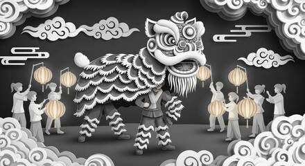 Traditional lion dance performance with people holding lanterns